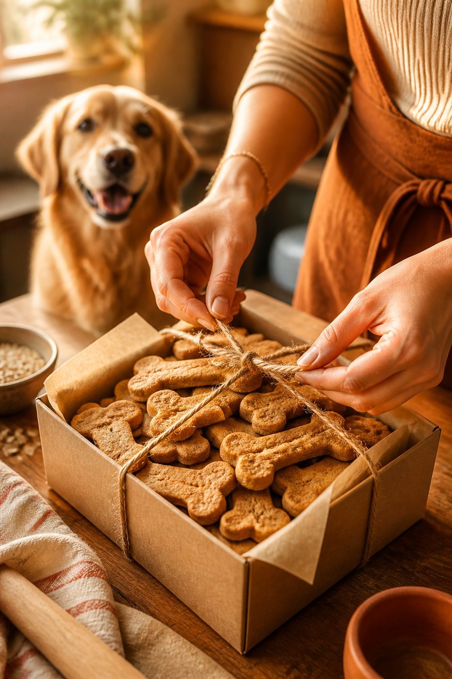 Selbst gebackene Hundekekse auf dem Backblech, daneben das Rezeptbuch der Hundekeks-Werkstatt